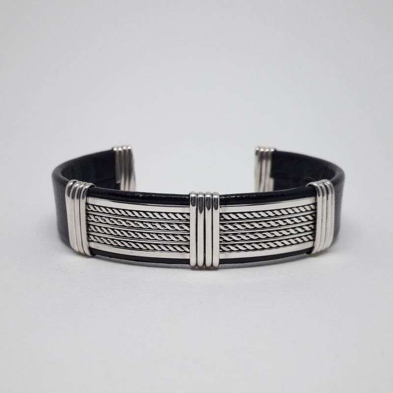 Pulsera brazalete de plata de ley, 925 Mils. y cuero negro