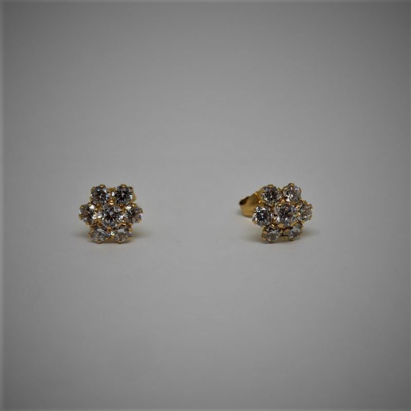 alt="pendientes de oro con circonitas para niña o mujer forma de flor"