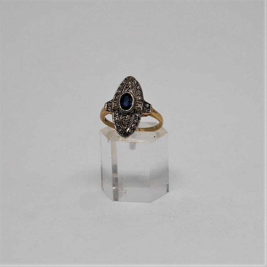 alt:\"anillo antiguo oro de ley 18 k. con zafiro y brillantes. www.santelmotienda.com\"