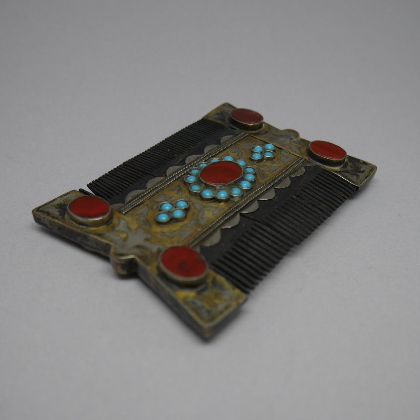 Peine doble Afgano de Plata de ley 925 MIls. con Turquesas y Cornalina