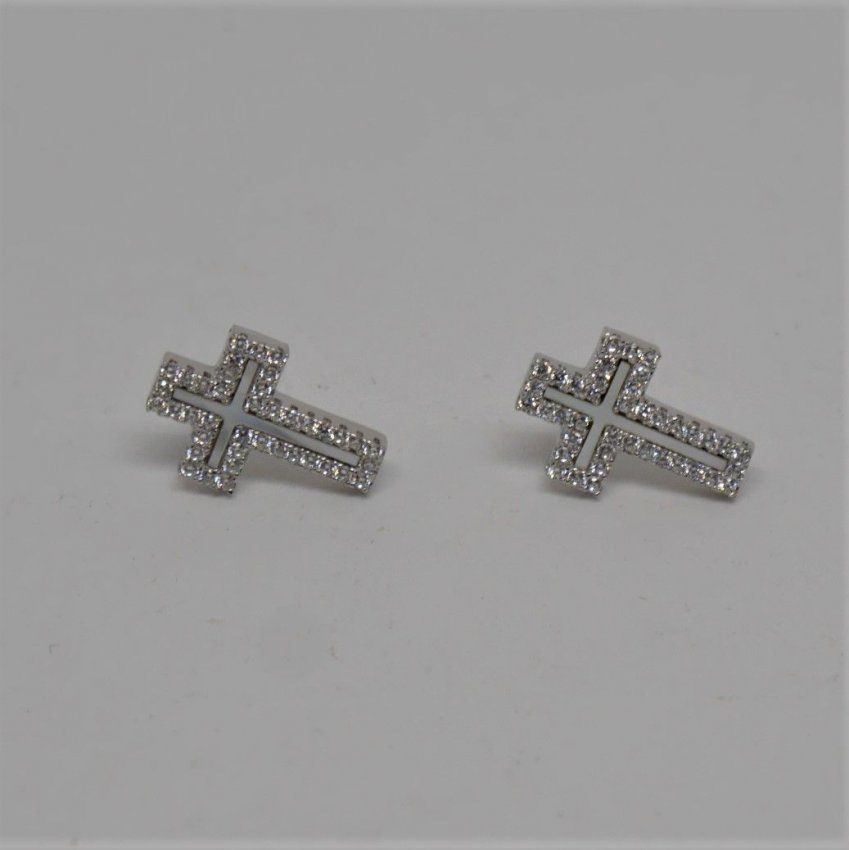 alt=\"Pendientes largos de Plata de ley Rodinada 925 Mils. con nácar y circonitas en forma de cruz. www.santelmotienda.com\"