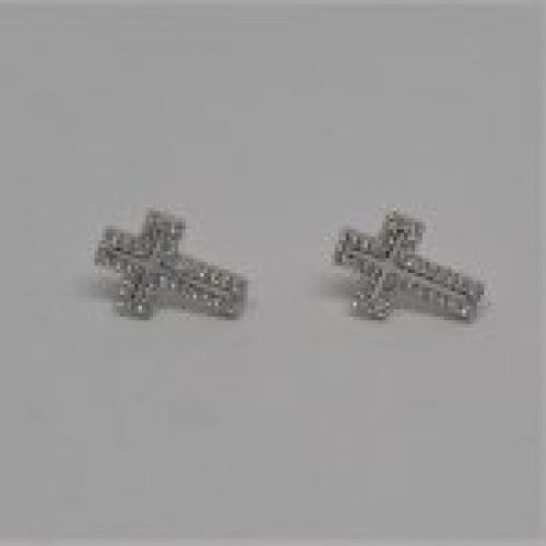 alt=\"Pendientes largos de Plata de ley Rodinada 925 Mils. con nácar y circonitas en forma de cruz. www.santelmotienda.com\"