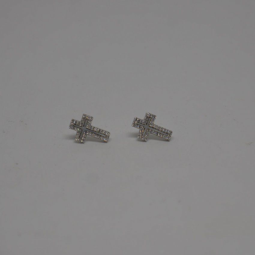 alt=\"Pendientes largos de Plata de ley Rodinada 925 Mils. con nácar y circonitas en forma de cruz. www.santelmotienda.com\"