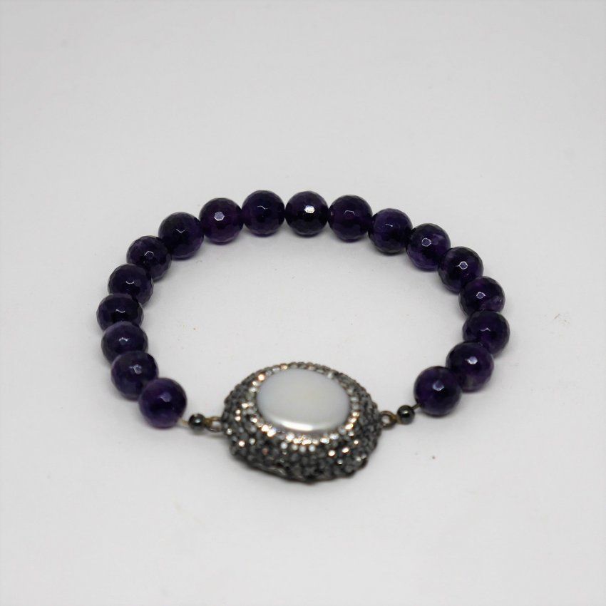alt="pulsera de plata, amatistas, marcasitas y perlas agua dulce