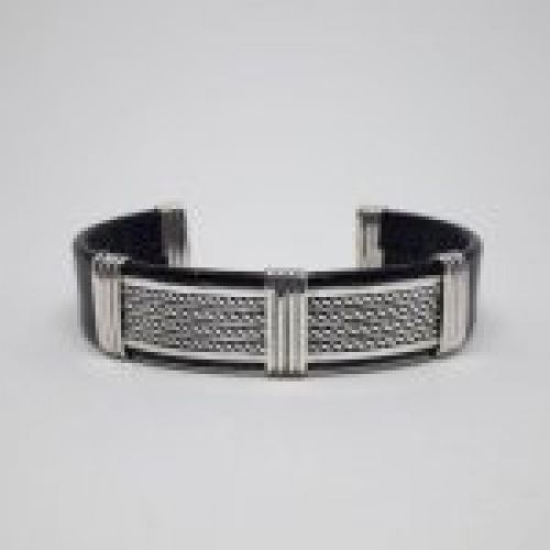 Pulsera brazalete de plata de ley, 925 Mils. y cuero negro