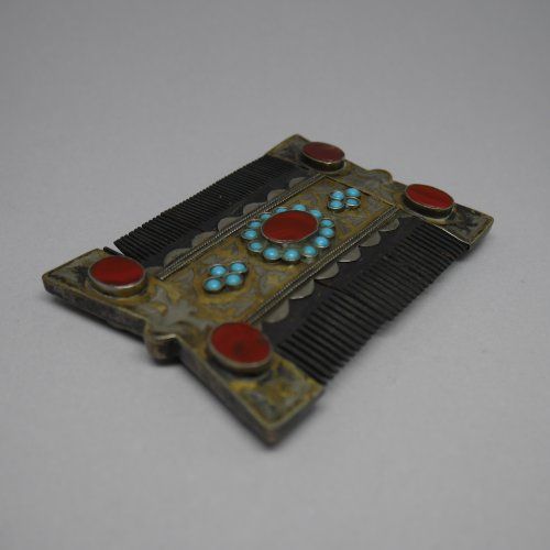 Peine doble Afgano de Plata de ley 925 MIls. con Turquesas y Cornalina