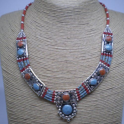 Collar Afgano de alpaca, 3 vueltas con corales y turquesas