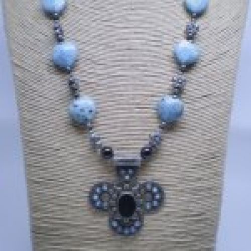 Collar Afgano de alpaca con 6 turquesas y centro onix