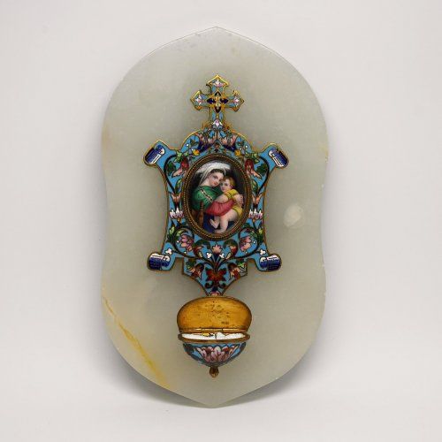 alt=benditera cloisonne antigua de onix blanco, cobre y esmalte\"