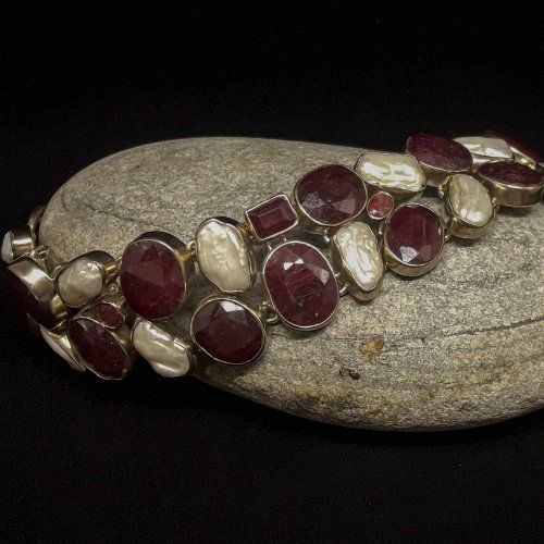 Pulsera de plata de ley, 925 MIls. con perlas de agua dulce y piedras semipreciosas