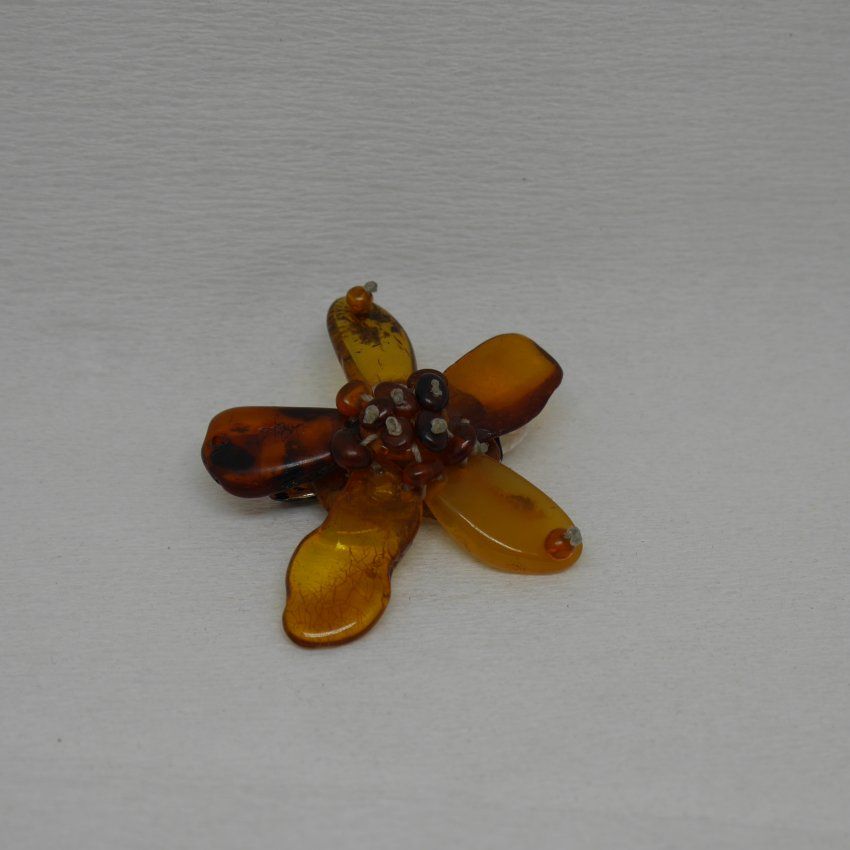 alt=\"Broche de ámbar y plata en forma de flor\"