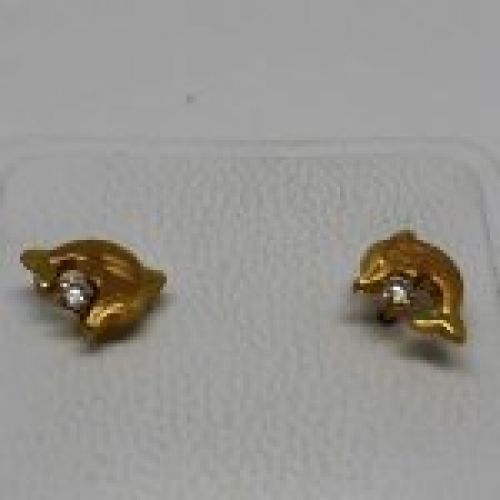 alt=\"endientes niña de oro de ley 18 K. con circonita en forma de delfines\"