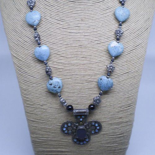 Collar Afgano de alpaca con 6 turquesas y centro onix