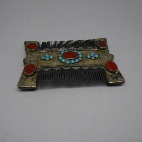 Peine doble Afgano de Plata de ley 925 MIls. con Turquesas y Cornalina