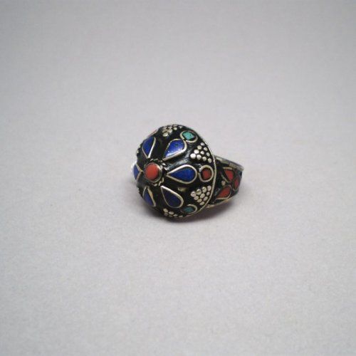 Sortija Afgana de plata de ley 925 Mils. con corales y lapizlazuli