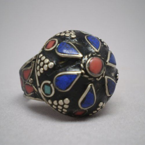 Sortija Afgana de plata de ley 925 Mils. con corales y lapizlazuli