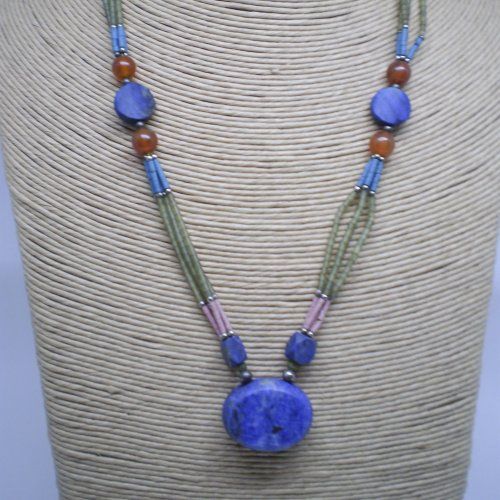 Collar Afgano de alpaca, 3 vueltas, con piedras semipreciosas