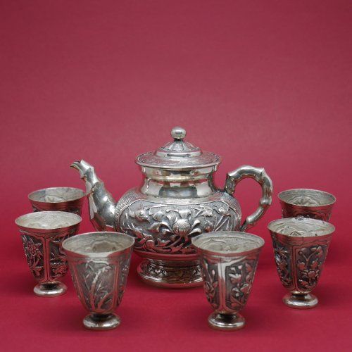 Tetera y juego de vasos de Plata de ley 925 Mils.