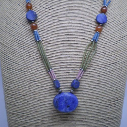 Collar Afgano de alpaca, 3 vueltas, con piedras semipreciosas