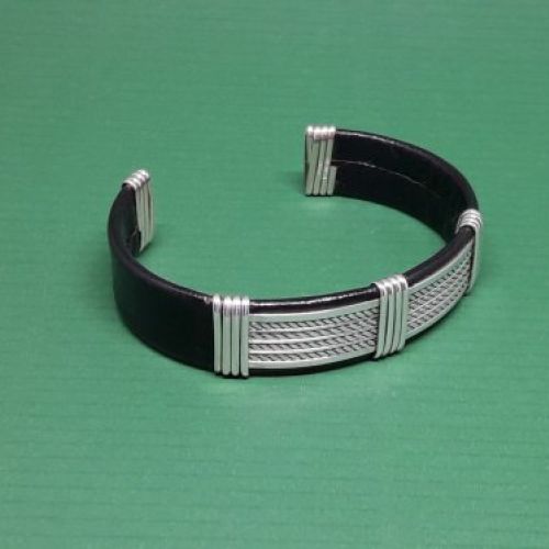 Pulsera brazalete de plata de ley, 925 Mils. y cuero negro