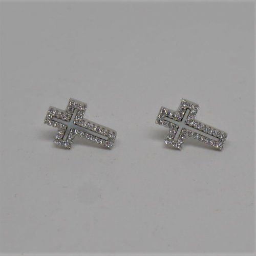 alt=\"Pendientes largos de Plata de ley Rodinada 925 Mils. con nácar y circonitas en forma de cruz. www.santelmotienda.com\"